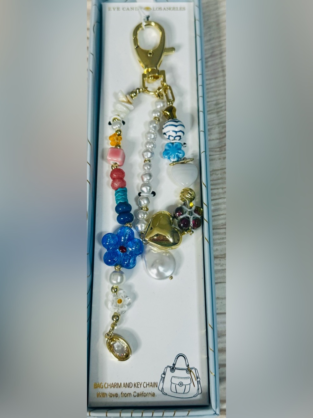Eyecandy Gold Heart Charm Beaded Purse Charm - Blue, White, Pink